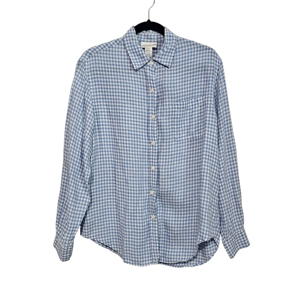 VTG Jones New York Linen Shirt Womens M Blue Gingham Button Down Long Sleeve